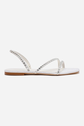 Anatomical Toe Shape Vicky Flat Sandal In White Fabric and Crystals