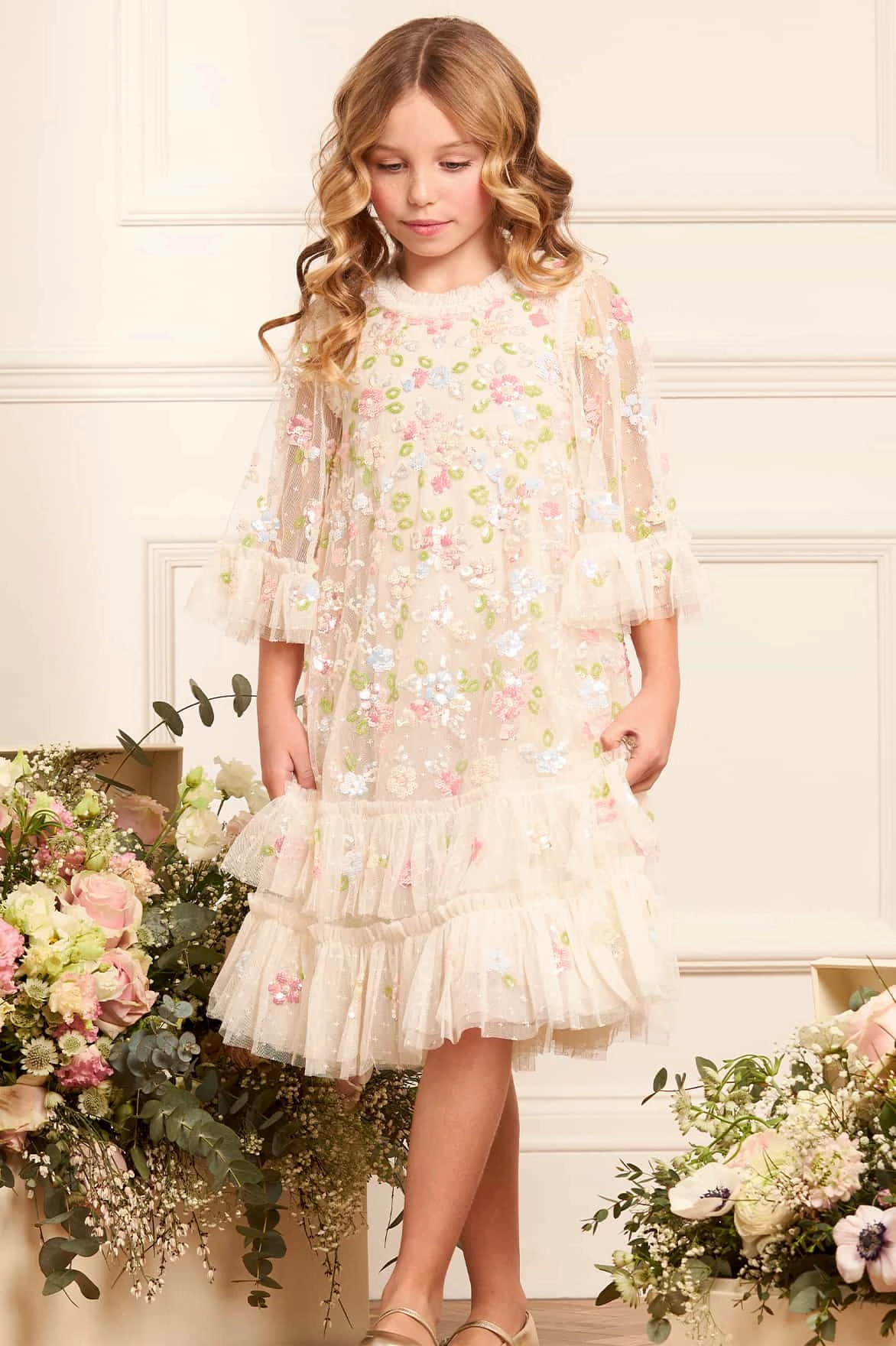 TaglessCollar MultiFunctional Pocket Placement Sequin Bloom Kids Dress