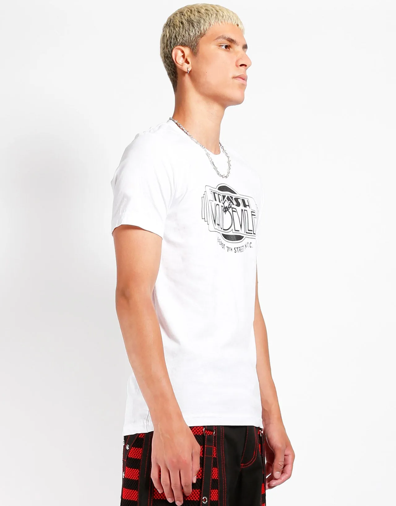 White & Black Trash & Vaudeville Logo T-Shirt Microfiber Blended Fabric