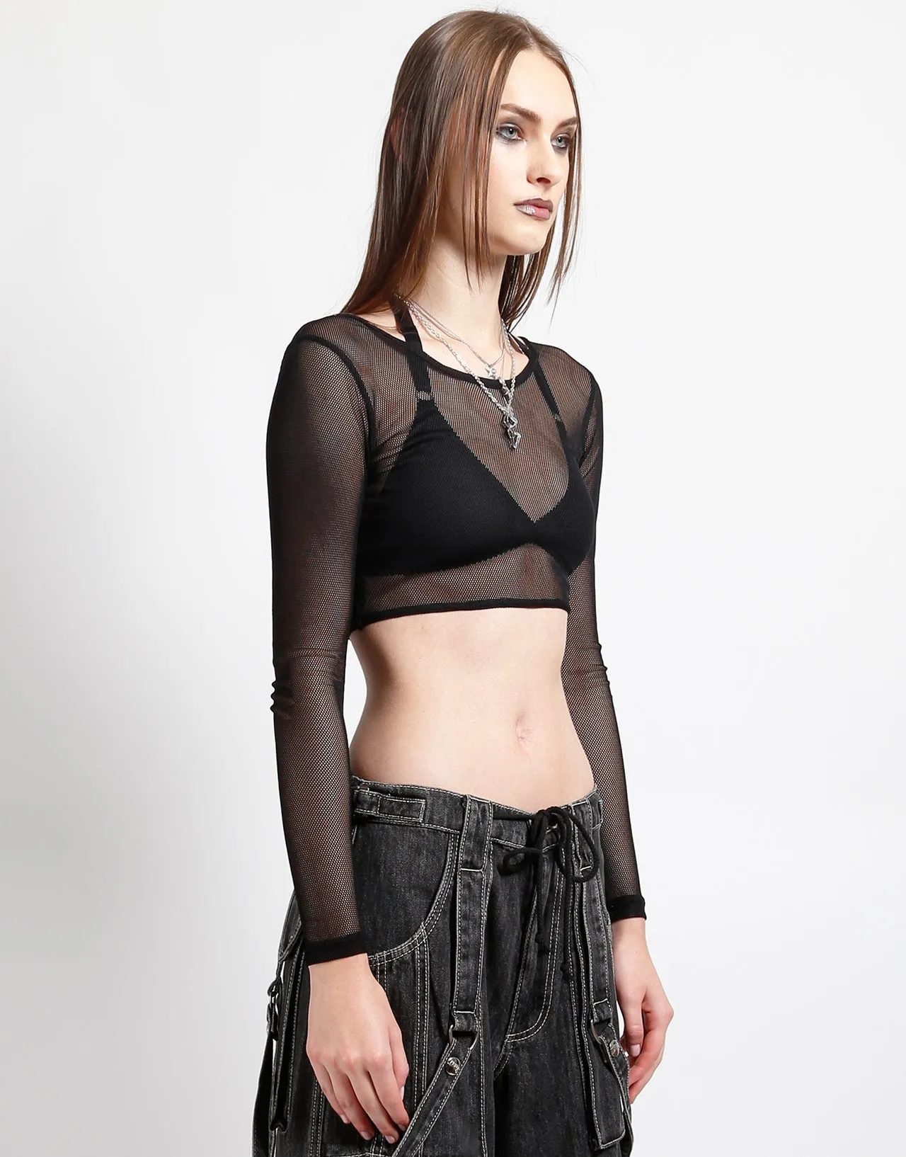 Neutral Tone Stitching LONG SLEEVE CROP FISHNET BLACK