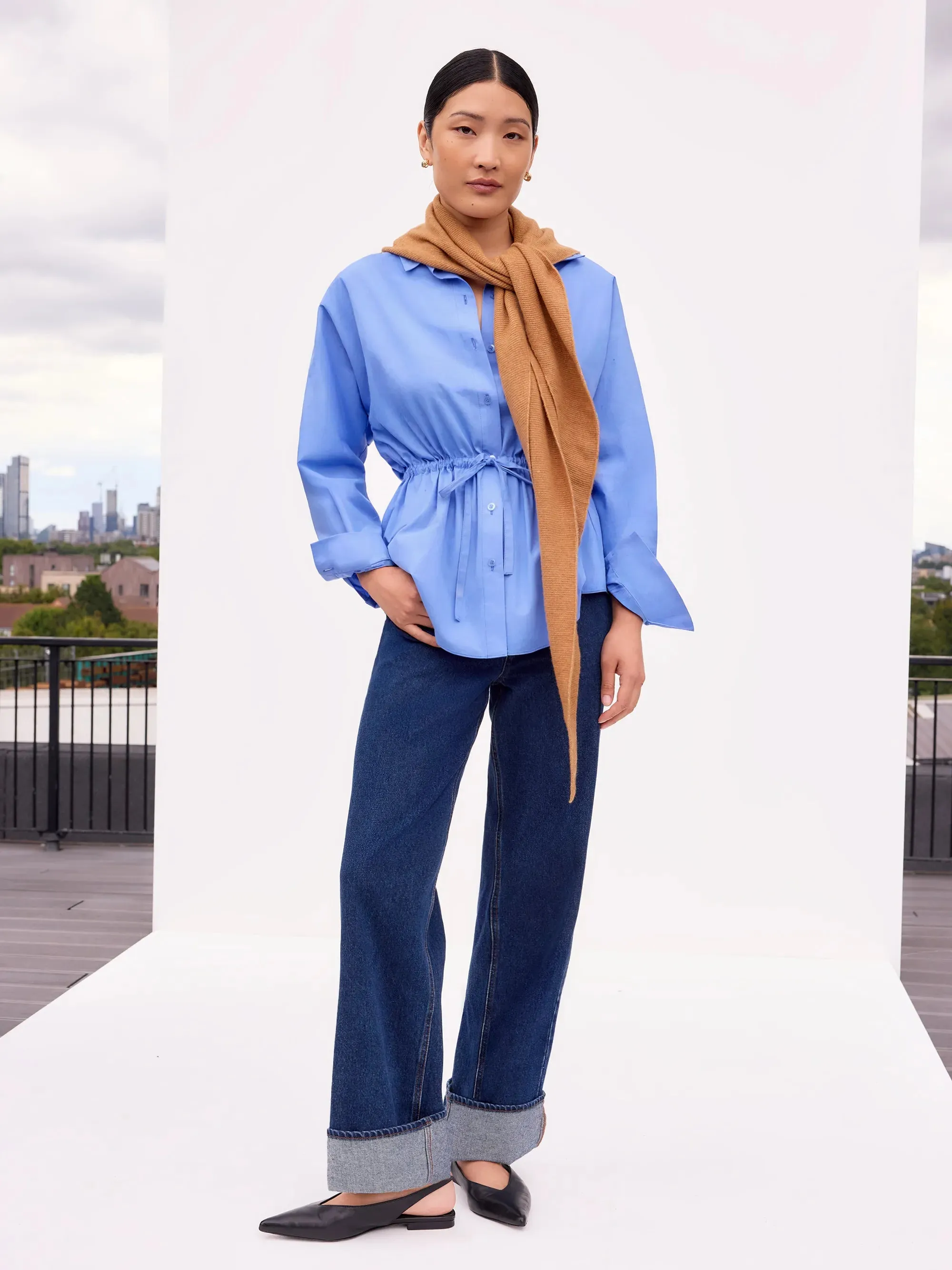 wrinkle free finish Blue Gathered Waist Shirt