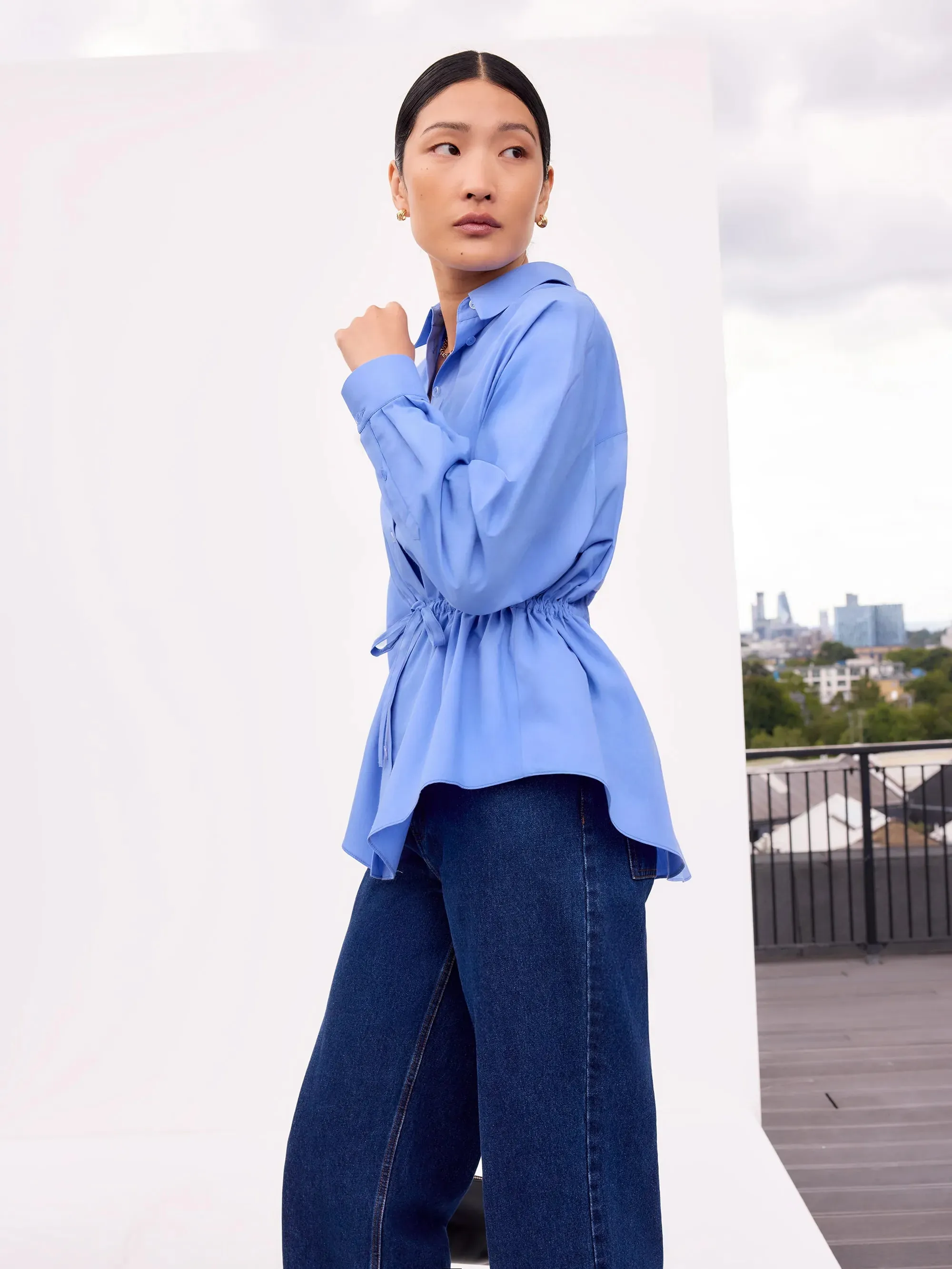 Raglan Sleeve Blue Gathered Waist Shirt